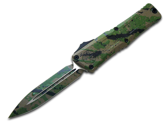 Microtech Knives, LLC™ Combat Troodon D/E OTF 1142-1ODTA BKSPLS OD Green & Tan Black Splatter Camo 7075-T6 Aluminum M390MK Stainless Steel Pocket Knife