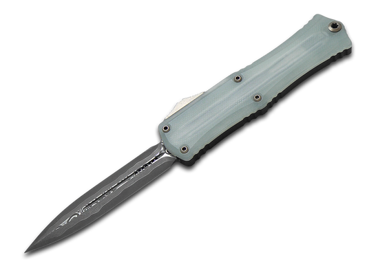 Microtech Knives, LLC™ Hera 2 Mini D/E OTF 1702M-16JGBBKBZ-MCK Jade G10 and Hefted Black Anodized Alloy Damascus Steel Pocket Knife