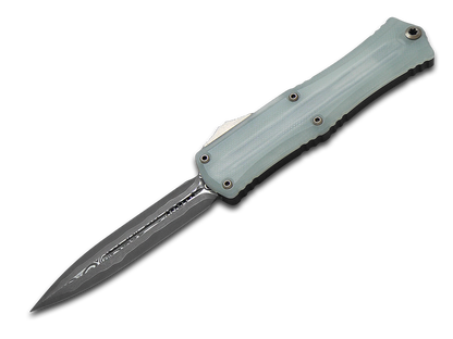 Microtech Knives, LLC™ Hera 2 Mini D/E OTF 1702M-16JGBBKBZ-MCK Jade G10 and Hefted Black Anodized Alloy Damascus Steel Pocket Knife
