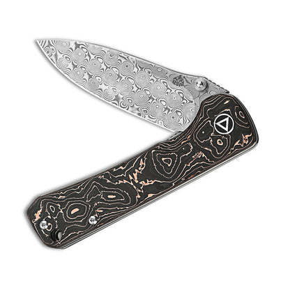 QSP Knives™ Hawk Liner Lock 131-S Copper Carbon Fiber Laminated Damascus Steel Pocket Knife