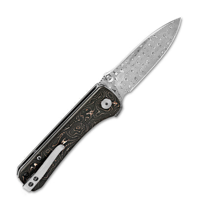 QSP Knives™ Hawk Liner Lock 131-S Copper Carbon Fiber Laminated Damascus Steel Pocket Knife