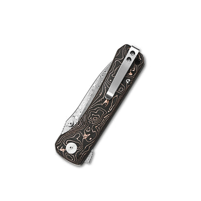 QSP Knives™ Hawk Liner Lock 131-S Copper Carbon Fiber Laminated Damascus Steel Pocket Knife