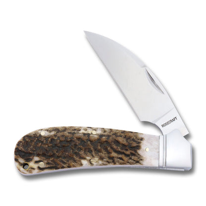 RoseCraft Blades LLC™ Clinch River Swayback RCT005-STG Red Deer Stag D2 Semi-Stainless Steel Pocket Knife