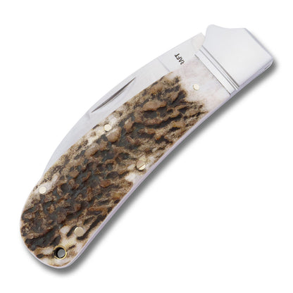 RoseCraft Blades LLC™ Clinch River Swayback RCT005-STG Red Deer Stag D2 Semi-Stainless Steel Pocket Knife