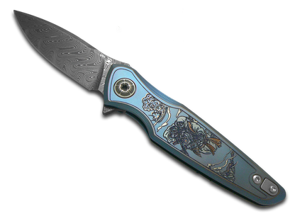 Spartan Blades, LLC™ Pandia Frame Lock SF16 WATER DM Blue Anodized 6AL4V Titanium Stainless Damascus Steel Pocket Knife