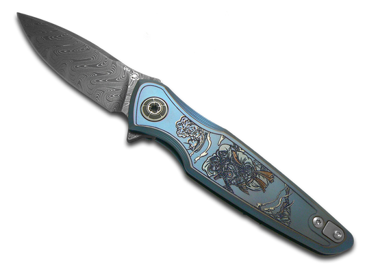 Spartan Blades, LLC™ Pandia Frame Lock SF16 WATER DM Blue Anodized 6AL4V Titanium Stainless Damascus Steel Pocket Knife