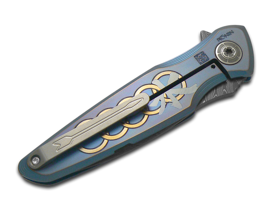 Spartan Blades, LLC™ Pandia Frame Lock SF16 WATER DM Blue Anodized 6AL4V Titanium Stainless Damascus Steel Pocket Knife