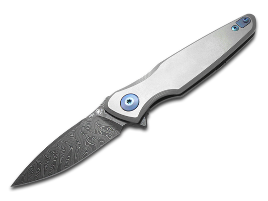 Spartan Blades, LLC™ Pandia Frame Lock SF16DMBL Bead-blast Satin 6AL4V Titanium Stainless Damascus Steel Pocket Knife