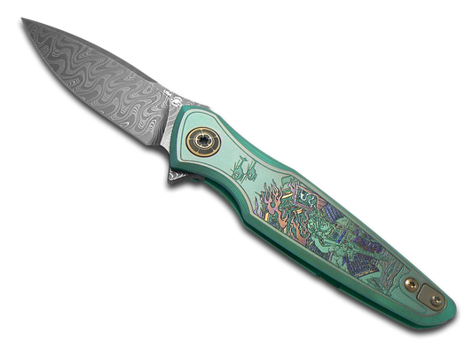 Spartan Blades, LLC™ Pandia Frame Lock SF16DMRF Green Anodized 6AL4V Titanium Stainless Damascus Steel Pocket Knife