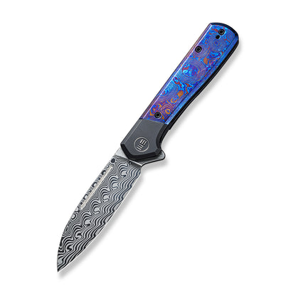 WE Knife Co., Ltd™ Soothsayer Frame Lock WE20050-DS1 Blue Timascus and Black 6al4v Titanium Damasteel Pocket Knife