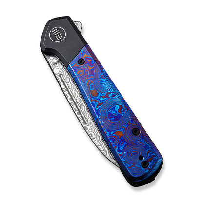 WE Knife Co., Ltd™ Soothsayer Frame Lock WE20050-DS1 Blue Timascus and Black 6al4v Titanium Damasteel Pocket Knife