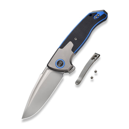 WE Knife Co., Ltd™ Press Check Frame Lock WE20078B-2 Black & Blue G10 and Black 6AL4V Titanium CPM 20CV Stainless Steel Pocket Knife