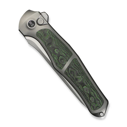 WE Knife Co., Ltd™ 702XI Button Lock WE07B-4 Polished 6AL4V Titanium and Jungle Wear Fat Carbon Fiber M390 Stainless Steel Pocket Knife