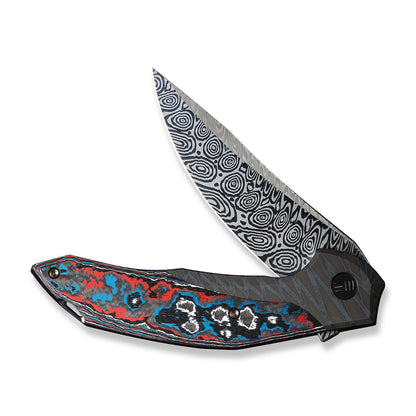 WE Knife Co., Ltd™ Merata Frame Lock WE22008B-DS1 Tiger Striped Flamed Titanium and Nebula Fat Carbon Damasteel Pocket Knife