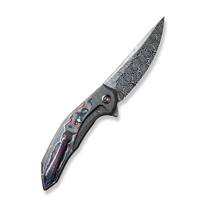 WE Knife Co., Ltd™ Merata Frame Lock WE22008B-DS1 Tiger Striped Flamed Titanium and Nebula Fat Carbon Damasteel Pocket Knife