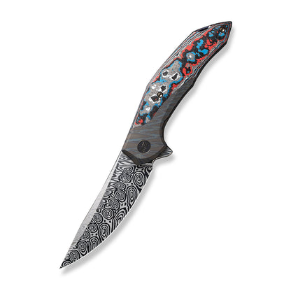 WE Knife Co., Ltd™ Merata Frame Lock WE22008B-DS1 Tiger Striped Flamed Titanium and Nebula Fat Carbon Damasteel Pocket Knife