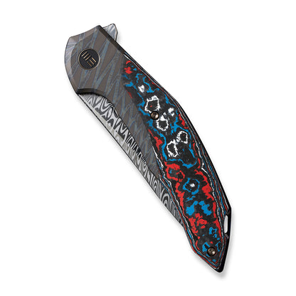 WE Knife Co., Ltd™ Merata Frame Lock WE22008B-DS1 Tiger Striped Flamed Titanium and Nebula Fat Carbon Damasteel Pocket Knife