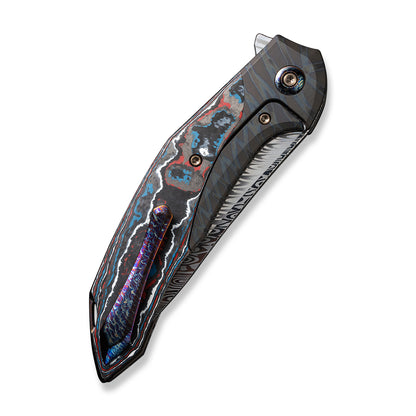 WE Knife Co., Ltd™ Merata Frame Lock WE22008B-DS1 Tiger Striped Flamed Titanium and Nebula Fat Carbon Damasteel Pocket Knife