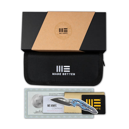 WE Knife Co., Ltd™ Merata Frame Lock WE22008B-DS1 Tiger Striped Flamed Titanium and Nebula Fat Carbon Damasteel Pocket Knife