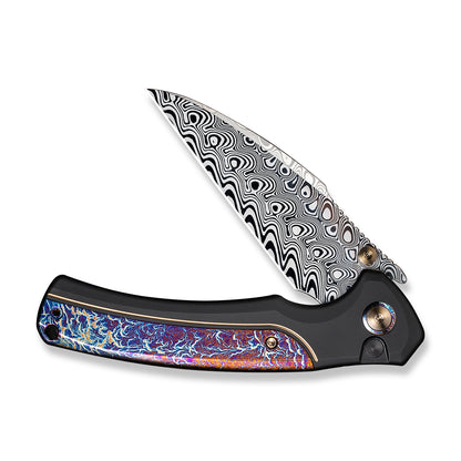 WE Knife Co., Ltd™ Ziffius Button Lock 22024D-DS1 Blue Flamed Titanium and Black Titanium Damasteel Pocket Knife