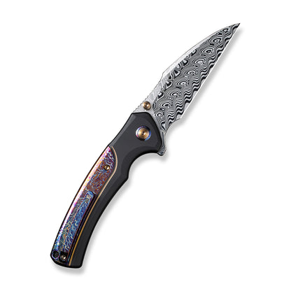 WE Knife Co., Ltd™ Ziffius Button Lock 22024D-DS1 Blue Flamed Titanium and Black Titanium Damasteel Pocket Knife