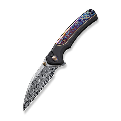 WE Knife Co., Ltd™ Ziffius Button Lock 22024D-DS1 Blue Flamed Titanium and Black Titanium Damasteel Pocket Knife