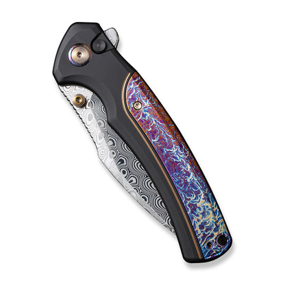 WE Knife Co., Ltd™ Ziffius Button Lock 22024D-DS1 Blue Flamed Titanium and Black Titanium Damasteel Pocket Knife