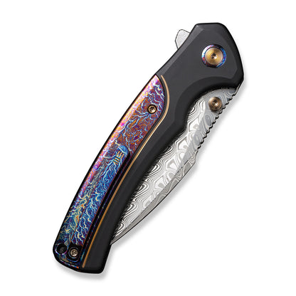 WE Knife Co., Ltd™ Ziffius Button Lock 22024D-DS1 Blue Flamed Titanium and Black Titanium Damasteel Pocket Knife