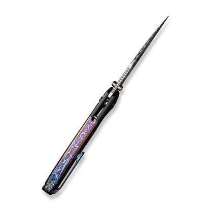 WE Knife Co., Ltd™ Ziffius Button Lock 22024D-DS1 Blue Flamed Titanium and Black Titanium Damasteel Pocket Knife