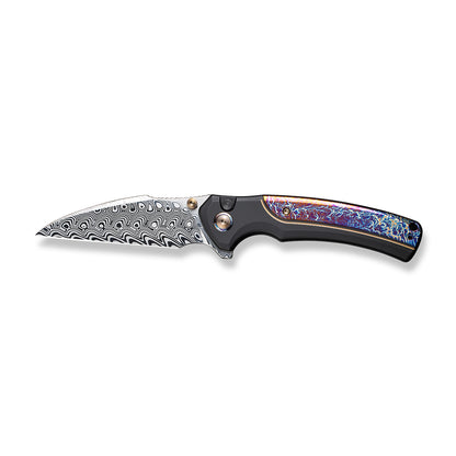 WE Knife Co., Ltd™ Ziffius Button Lock 22024D-DS1 Blue Flamed Titanium and Black Titanium Damasteel Pocket Knife