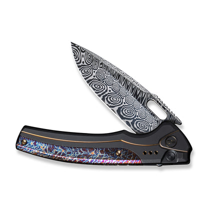 WE Knife Co., Ltd™ Exciton Button Lock 22038A-DS1 Black Titanium and Blue Flamed Titanium Damasteel Pocket Knife