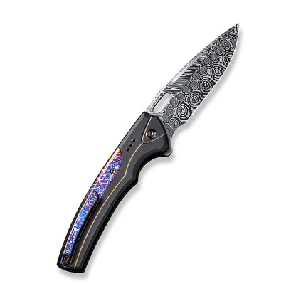 WE Knife Co., Ltd™ Exciton Button Lock 22038A-DS1 Black Titanium and Blue Flamed Titanium Damasteel Pocket Knife