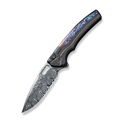 WE Knife Co., Ltd™ Exciton Button Lock 22038A-DS1 Black Titanium and Blue Flamed Titanium Damasteel Pocket Knife