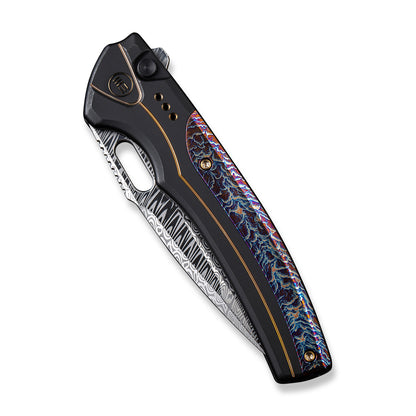 WE Knife Co., Ltd™ Exciton Button Lock 22038A-DS1 Black Titanium and Blue Flamed Titanium Damasteel Pocket Knife