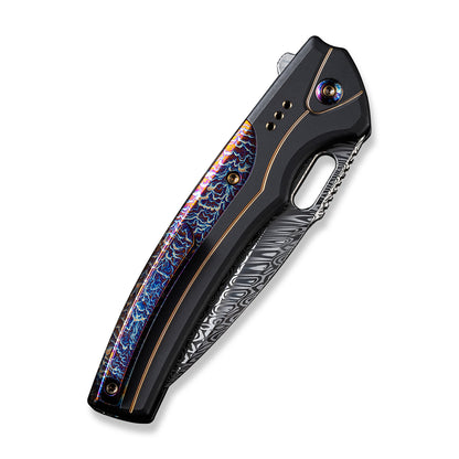 WE Knife Co., Ltd™ Exciton Button Lock 22038A-DS1 Black Titanium and Blue Flamed Titanium Damasteel Pocket Knife