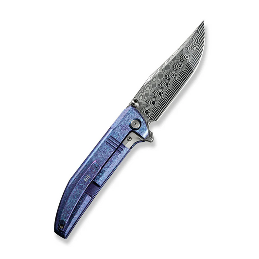 WE Knife Co., Ltd™ Ezinta Frame Lock WE22041-DS1 Blue & Purple Crystalized 6AL4V Titanium Damasteel Pocket Knife