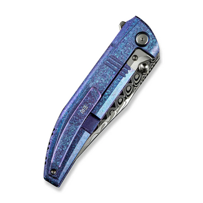 WE Knife Co., Ltd™ Ezinta Frame Lock WE22041-DS1 Blue & Purple Crystalized 6AL4V Titanium Damasteel Pocket Knife