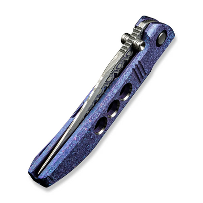 WE Knife Co., Ltd™ Ezinta Frame Lock WE22041-DS1 Blue & Purple Crystalized 6AL4V Titanium Damasteel Pocket Knife