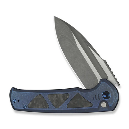 WE Knife Co., Ltd™ Sylox Button Lock WE24027-2 Blue Anodized 6AL4V Titanium and Shredded Carbon Fiber M390 Stainless Steel Pocket Knife