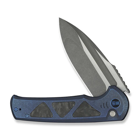 WE Knife Co., Ltd™ Sylox Button Lock WE24027-2 Blue Anodized 6AL4V Titanium and Shredded Carbon Fiber M390 Stainless Steel Pocket Knife