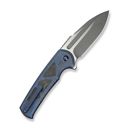 WE Knife Co., Ltd™ Sylox Button Lock WE24027-2 Blue Anodized 6AL4V Titanium and Shredded Carbon Fiber M390 Stainless Steel Pocket Knife
