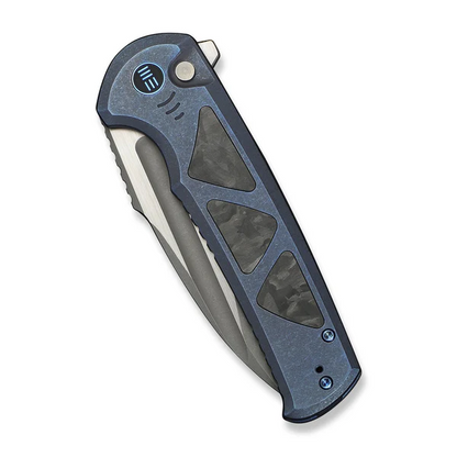 WE Knife Co., Ltd™ Sylox Button Lock WE24027-2 Blue Anodized 6AL4V Titanium and Shredded Carbon Fiber M390 Stainless Steel Pocket Knife