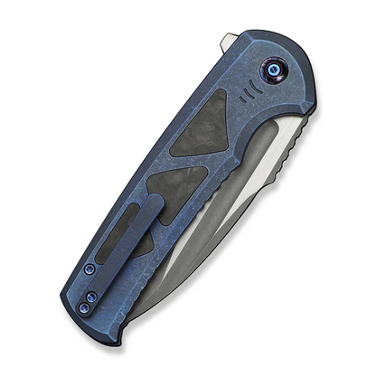 WE Knife Co., Ltd™ Sylox Button Lock WE24027-2 Blue Anodized 6AL4V Titanium and Shredded Carbon Fiber M390 Stainless Steel Pocket Knife