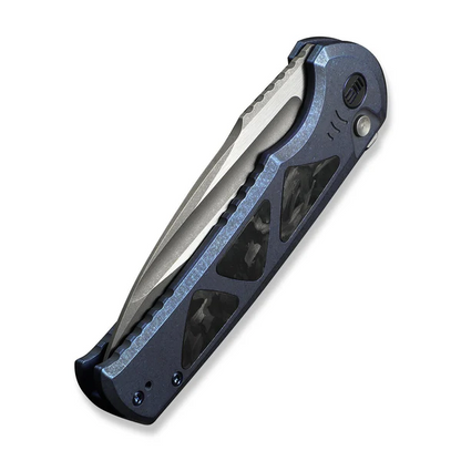 WE Knife Co., Ltd™ Sylox Button Lock WE24027-2 Blue Anodized 6AL4V Titanium and Shredded Carbon Fiber M390 Stainless Steel Pocket Knife