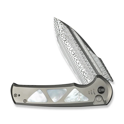 WE Knife Co., Ltd™ Sylox Button Lock WE24027-DS1 Polished 6AL4V Titanium and Mother-of-Pearl Damasteel Pocket Knife