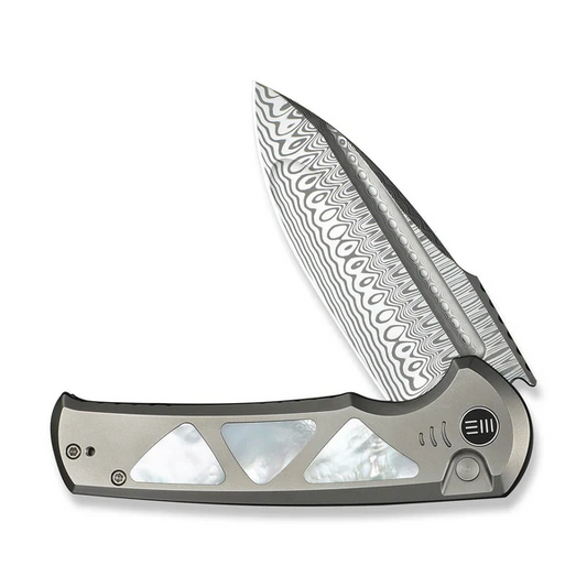 WE Knife Co., Ltd™ Sylox Button Lock WE24027-DS1 Polished 6AL4V Titanium and Mother-of-Pearl Damasteel Pocket Knife