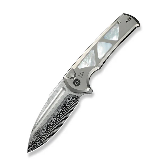 WE Knife Co., Ltd™ Sylox Button Lock WE24027-DS1 Polished 6AL4V Titanium and Mother-of-Pearl Damasteel Pocket Knife