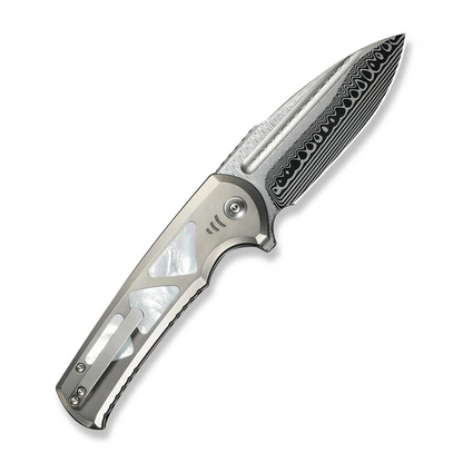 WE Knife Co., Ltd™ Sylox Button Lock WE24027-DS1 Polished 6AL4V Titanium and Mother-of-Pearl Damasteel Pocket Knife