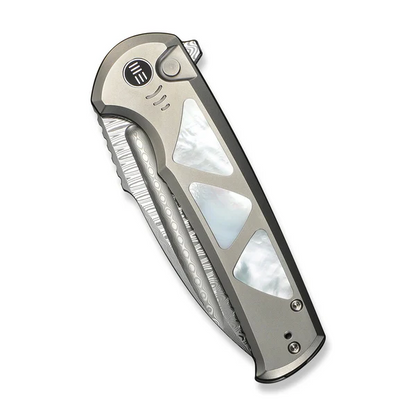 WE Knife Co., Ltd™ Sylox Button Lock WE24027-DS1 Polished 6AL4V Titanium and Mother-of-Pearl Damasteel Pocket Knife