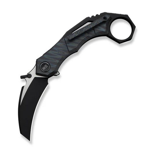 WE Knife Co., Ltd™ Tayra Frame Lock Karambit WE24069-4 Tiger Stripe Flamed 6AL4V Titanium M390 Stainless Steel Pocket Knife